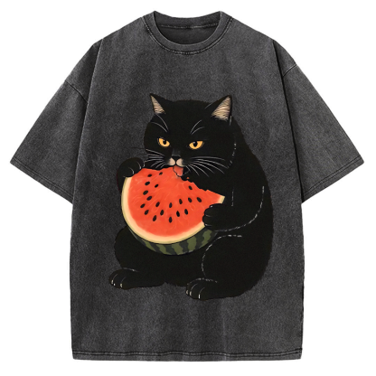Black cat eating watermelon Vintage Washed T-shirt