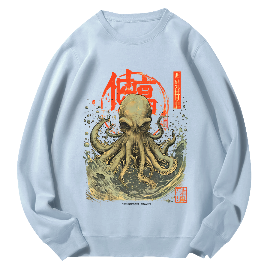 Japanese Style Octopus in The Hhuge Waves Round Neck Sweatshirt-Zazasy
