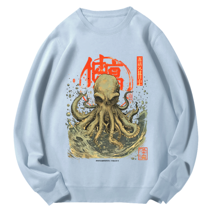 Japanese Style Octopus in The Hhuge Waves Round Neck Sweatshirt-Zazasy