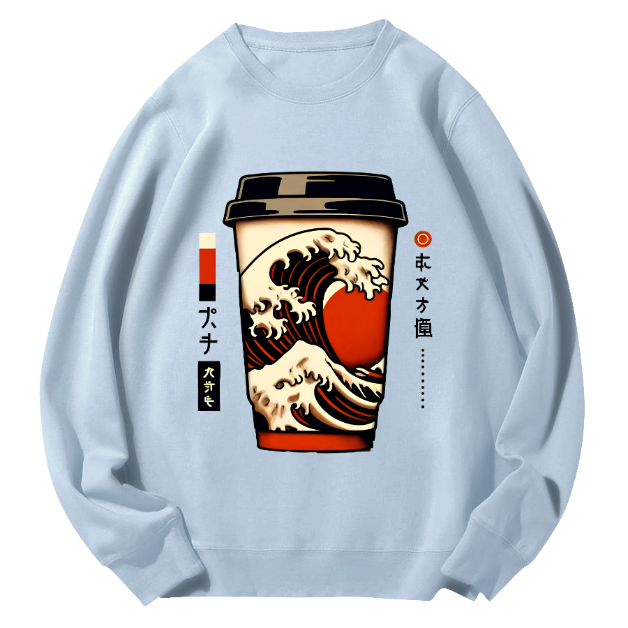 Giant Wave Coffee Japanese Round Neck Sweatshirt-Zazasy