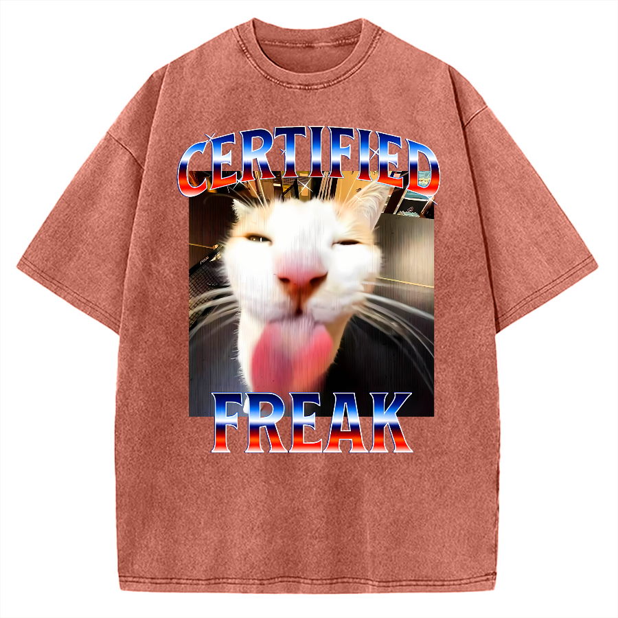 Certified Freak Cat Tongue Out - Funny Meme Cat Vintage Washed T-shirt