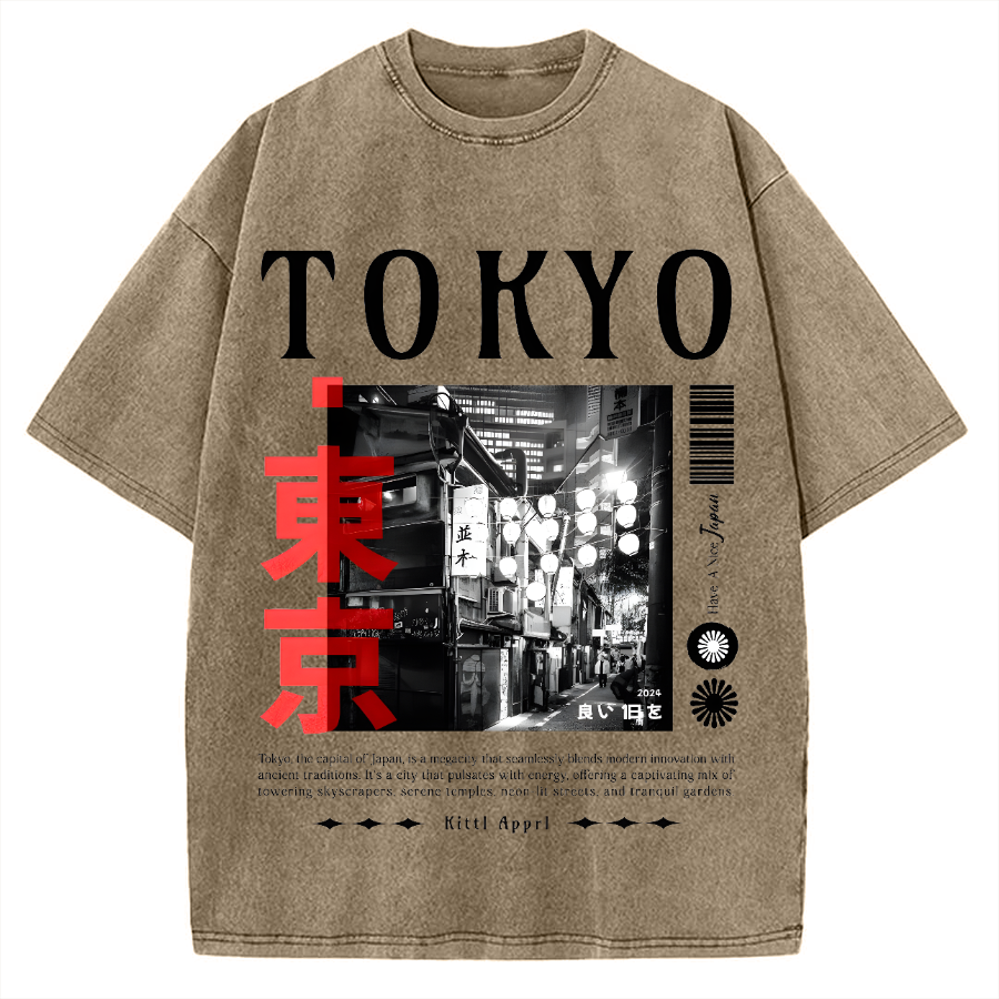 Tokyo Street Night Scene Vintage Washed T-shirt