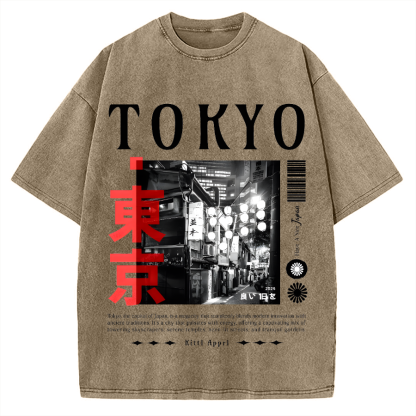 Tokyo Street Night Scene Vintage Washed T-shirt