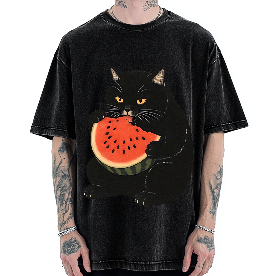 Black cat eating watermelon Vintage Washed T-shirt