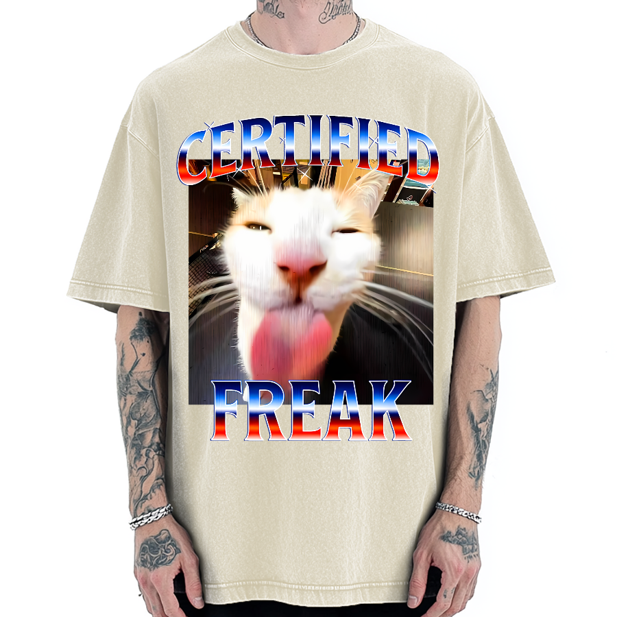 Certified Freak Cat Tongue Out - Funny Meme Cat Vintage Washed T-shirt