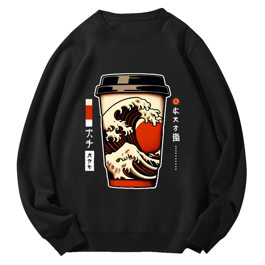 Giant Wave Coffee Japanese Round Neck Sweatshirt-Zazasy