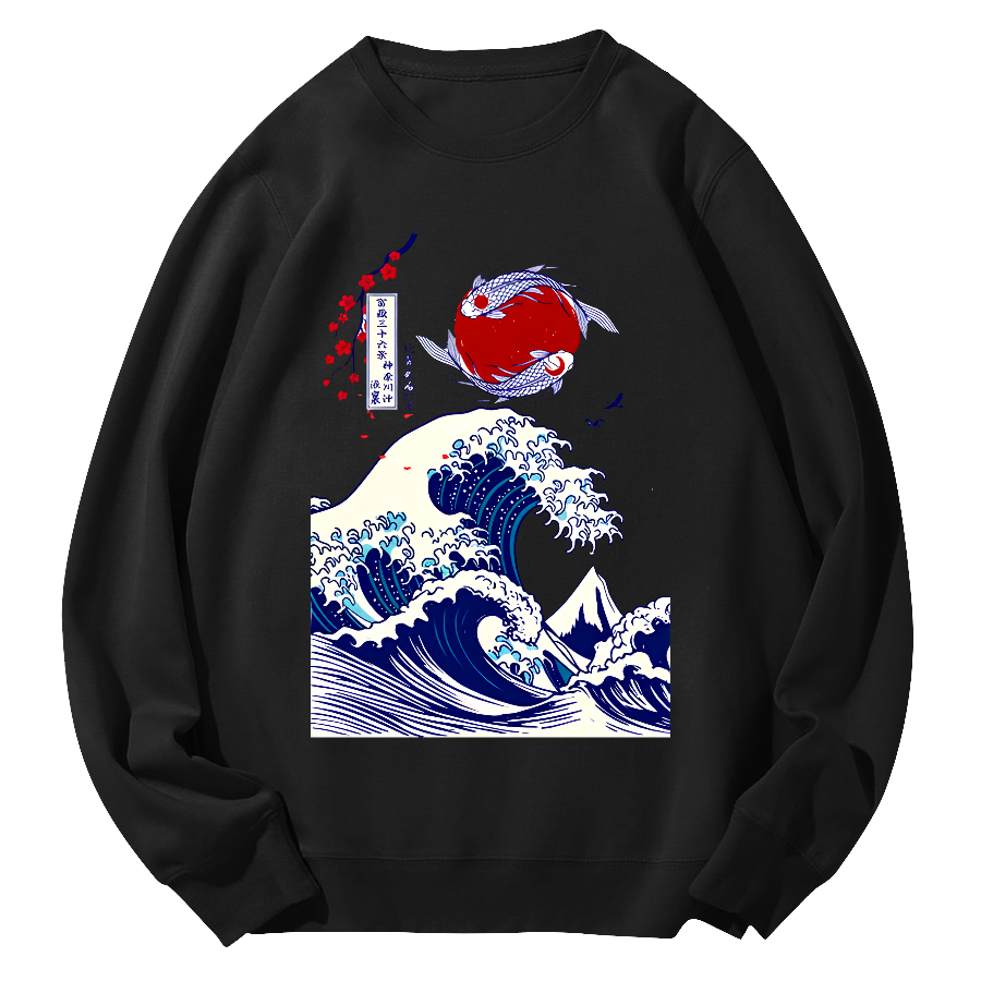 Japanese Giant Waves Round Neck Sweatshirt-Zazasy