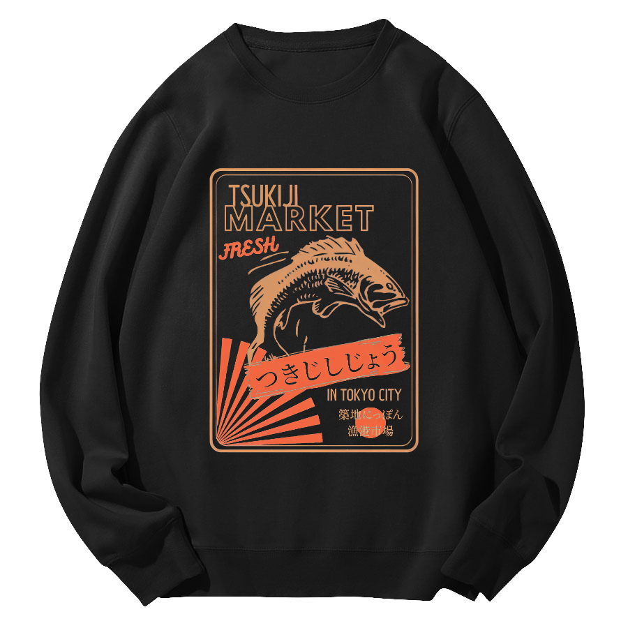 Tsukiji Seafood Market in Japan Round Neck Sweatshirt-Zazasy