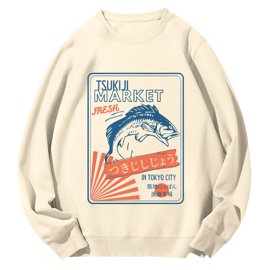 Tsukiji Seafood Market in Japan Round Neck Sweatshirt-Zazasy