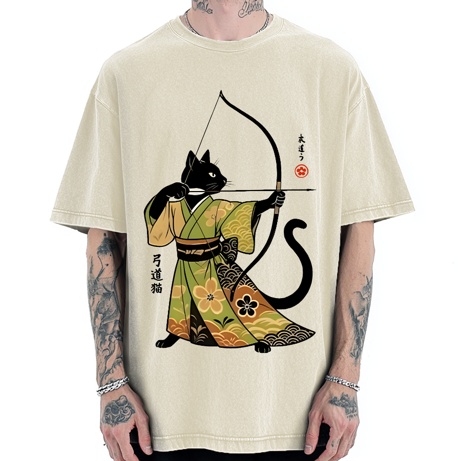 Tokyo-Assassin Japan Cat Archery Vintage Washed T-shirt