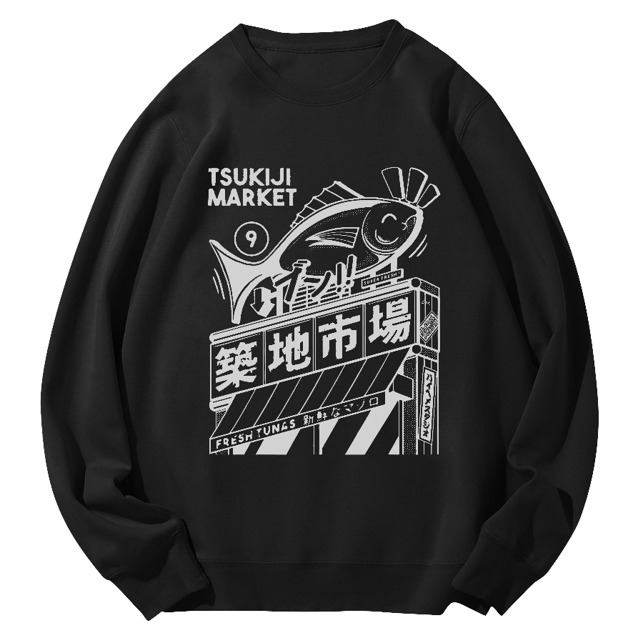 Tsukiji Seafood Market Round Neck Sweatshirt-Zazasy