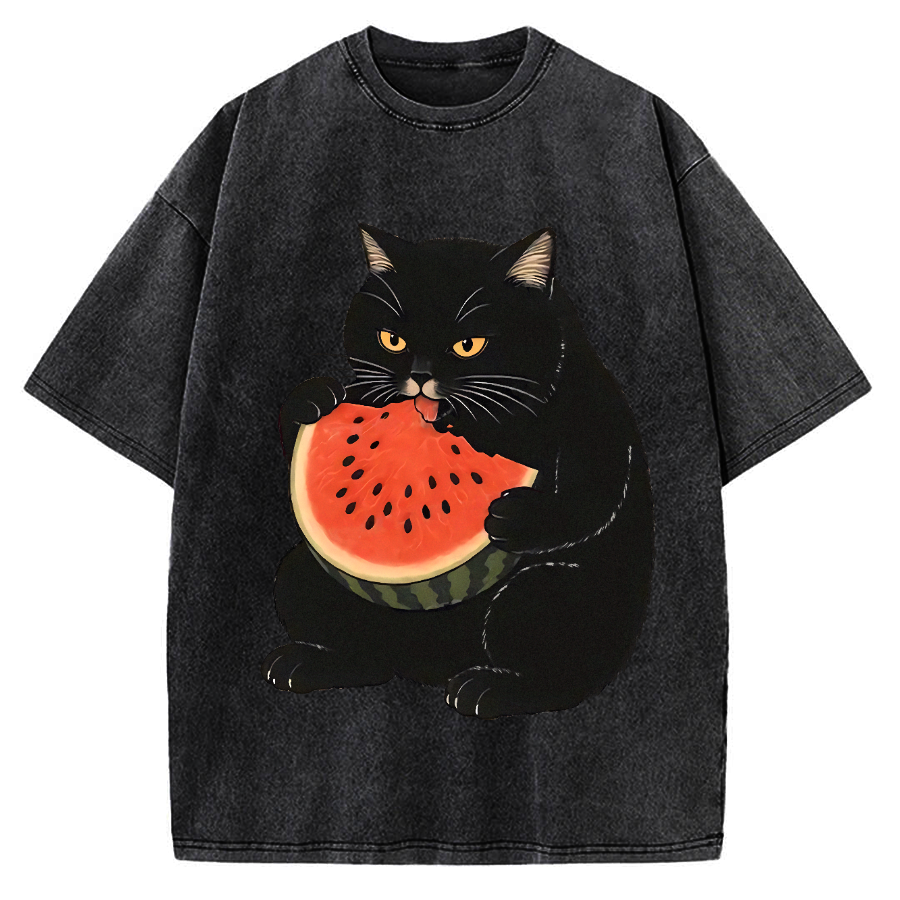 Black cat eating watermelon Vintage Washed T-shirt