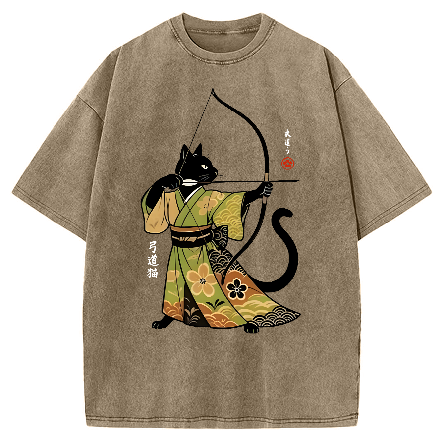 Tokyo-Assassin Japan Cat Archery Vintage Washed T-shirt