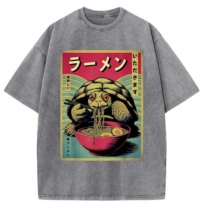 Tokyo-Assassin Turtle Eating Ramen Washed T-Shirt-Tokyo-Assassin