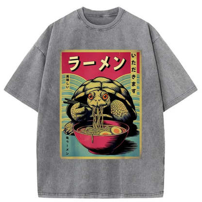 Tokyo-Assassin Turtle Eating Ramen Washed T-Shirt-Tokyo-Assassin