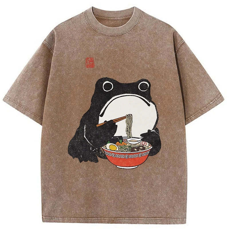 Tokyo-Assassin Funny Frog Eating Ramen Washed T-Shirt-Tokyo-Assassin