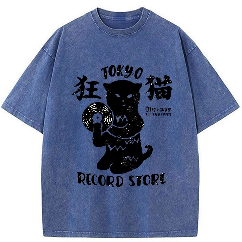 Tokyo-Assassin Tokyo Record Store Cat CD Washed T-Shirt-Tokyo-Assassin