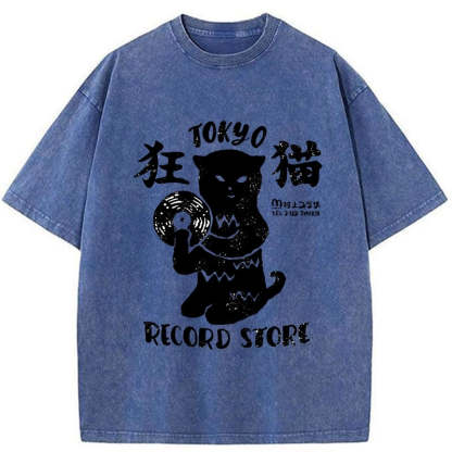 Tokyo-Assassin Tokyo Record Store Cat CD Washed T-Shirt-Tokyo-Assassin