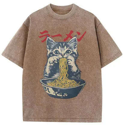 Tokyo-Assassin Cute Cat Is Eating Ramen Washed T-Shirt-Tokyo-Assassin