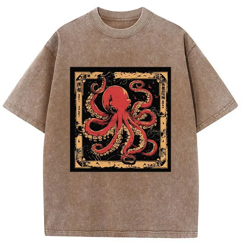 Tokyo-Assassin Retro Japanese Octopus Washed T-Shirt-Tokyo-Assassin