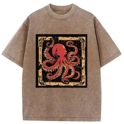 Tokyo-Assassin Retro Japanese Octopus Washed T-Shirt-Tokyo-Assassin