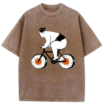 Tokyo-Assassin Sumo Riding A Sushi Bike Washed T-Shirt-Tokyo-Assassin