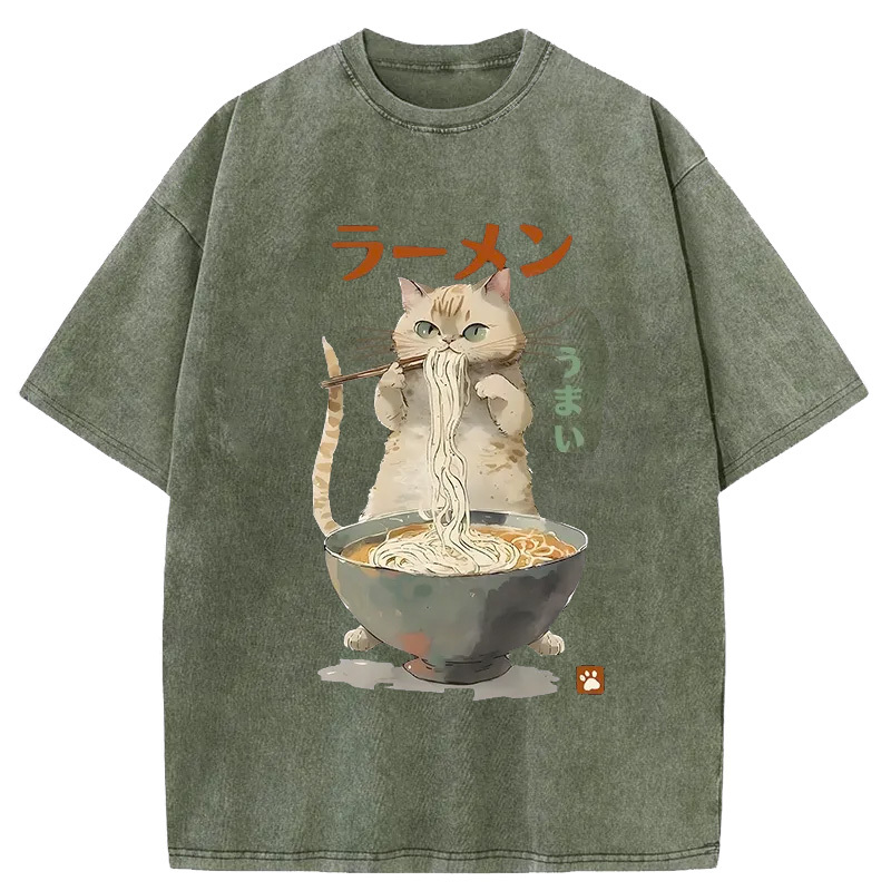 Tokyo-Assassin Cute Cat Eating Yummy Ramen Washed T-Shirt-Tokyo-Assassin