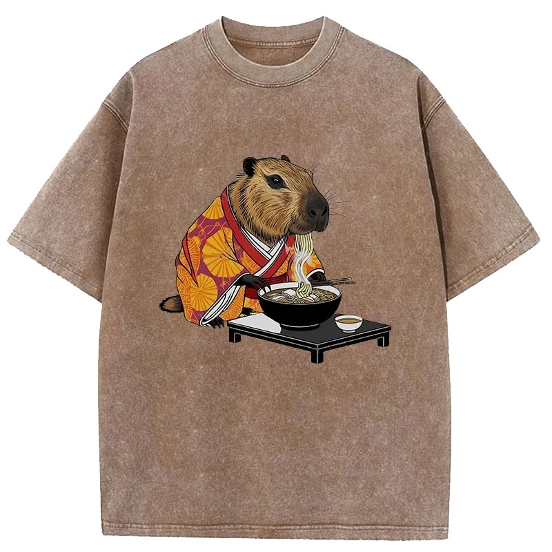 Tokyo-Assassin Cute Capybara Eating Ramen Washed T-Shirt-Tokyo-Assassin