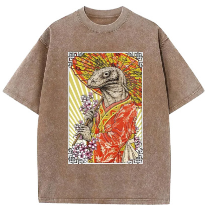 Tokyo-Assassin Elegant Lizard Holding An Umbrella Washed T-Shirt-Tokyo-Assassin