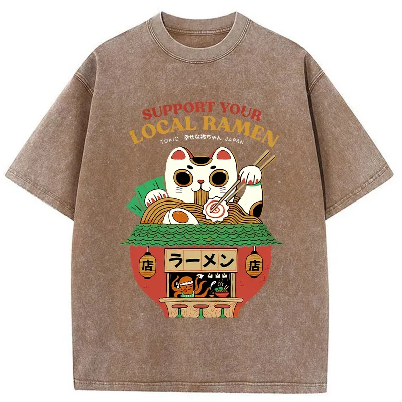 Tokyo-Assassin Lucky Cat Eating Ramen Mic Washed T-Shirt-Tokyo-Assassin
