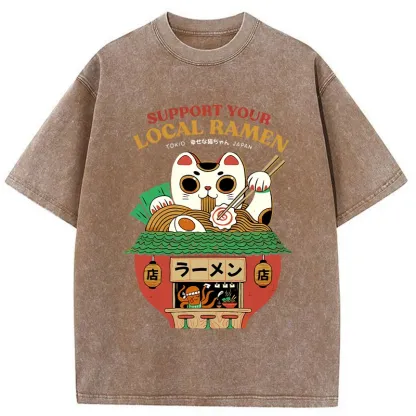 Tokyo-Assassin Lucky Cat Eating Ramen Mic Washed T-Shirt-Tokyo-Assassin