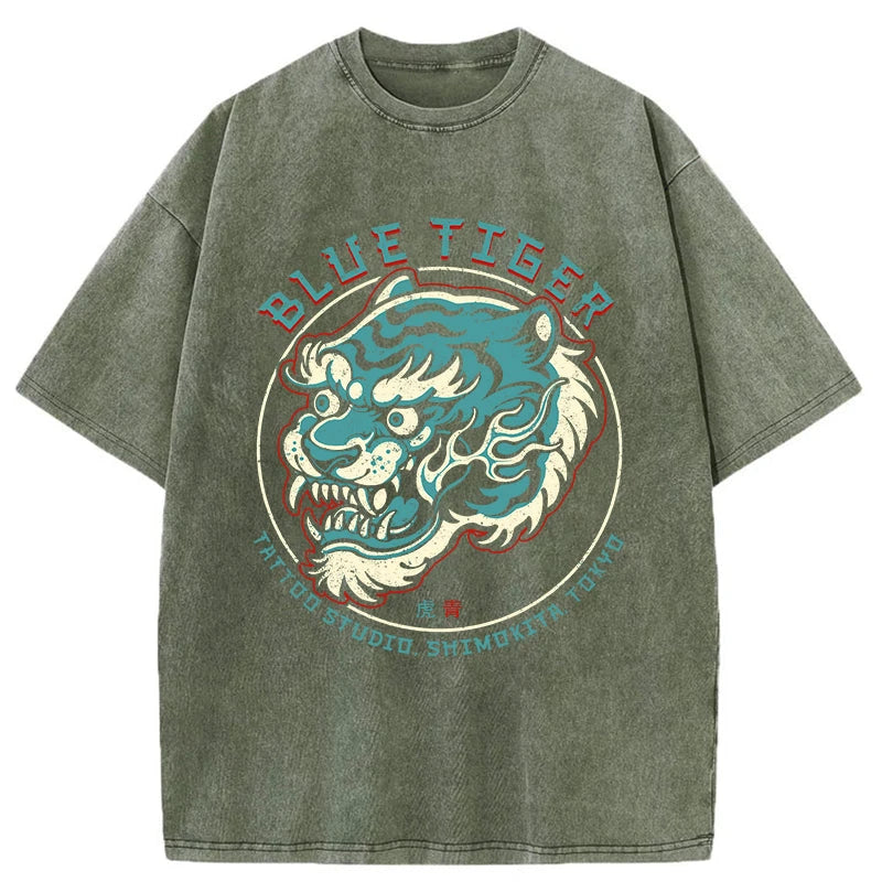 Tokyo-Assassin Blue Tiger Japanese Washed T-Shirt-Tokyo-Assassin