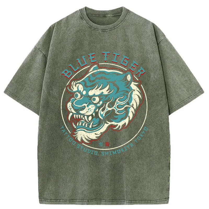 Tokyo-Assassin Blue Tiger Japanese Washed T-Shirt-Tokyo-Assassin