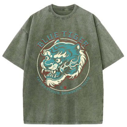 Tokyo-Assassin Blue Tiger Japanese Washed T-Shirt-Tokyo-Assassin