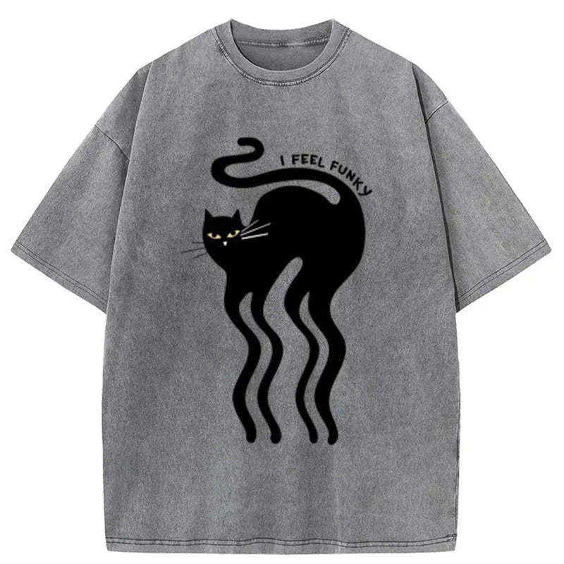 Tokyo-Assassin Wave Funny Cat Washed T-Shirt-Tokyo-Assassin