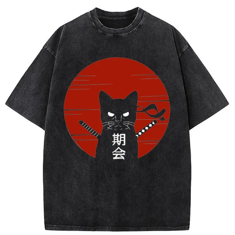 Tokyo-Assassin Japanese Ninja Cat Washed T-Shirt-Tokyo Assassin