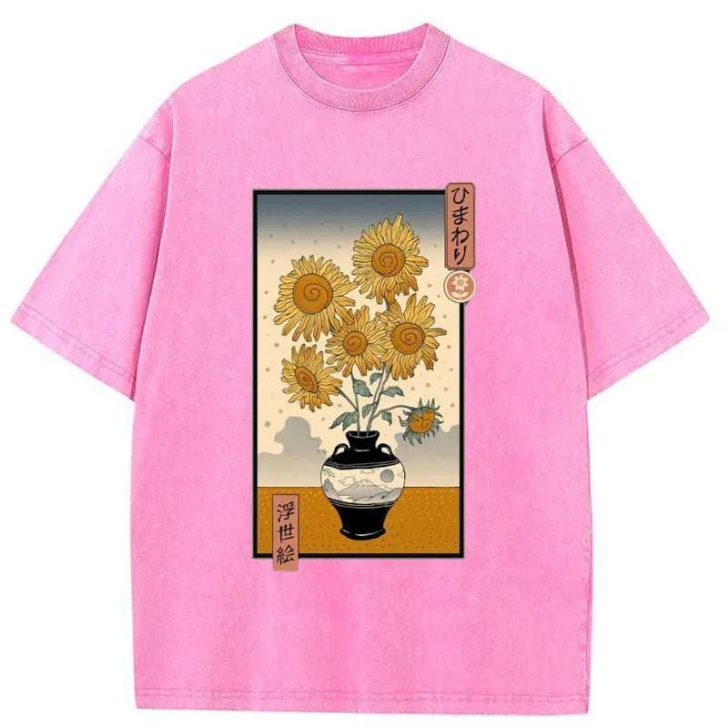 Tokyo-Assassin Sunflowers Ukiyo-e Washed T-Shirt-Tokyo-Assassin