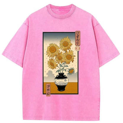 Tokyo-Assassin Sunflowers Ukiyo-e Washed T-Shirt-Tokyo-Assassin