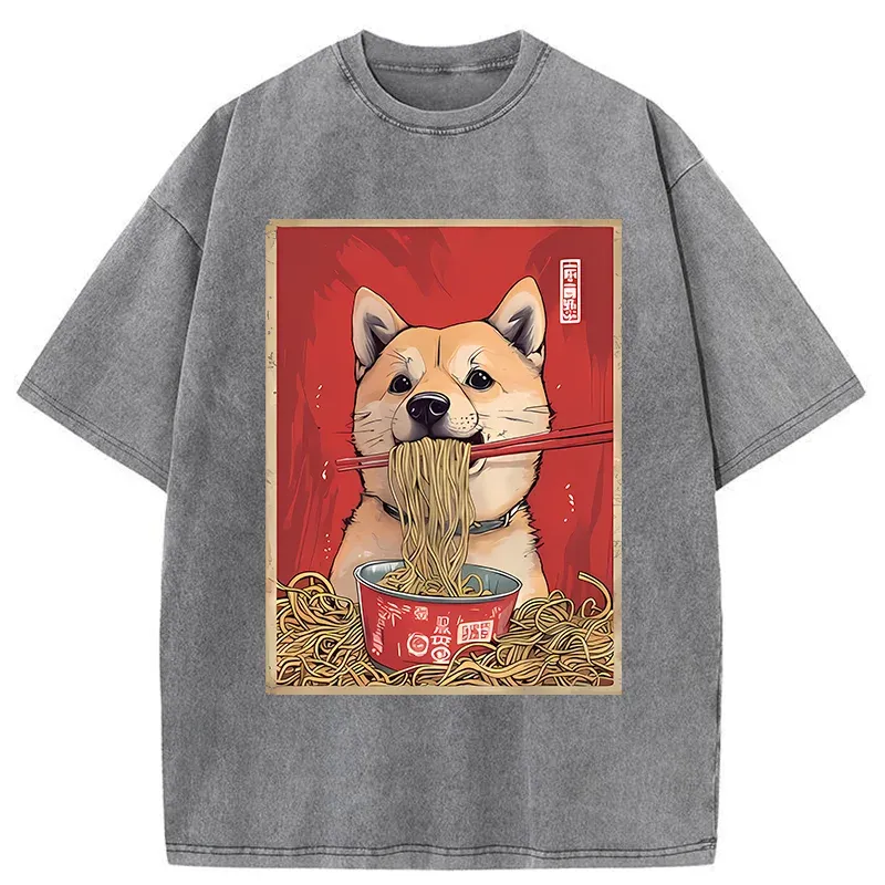 Tokyo-Assassin Shiba Lnu Eating Ramen Washed T-Shirt-Tokyo Assassin