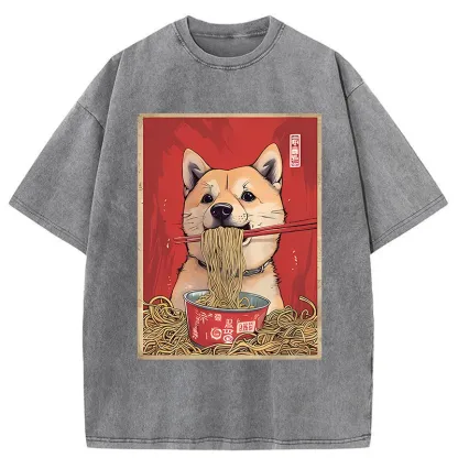 Tokyo-Assassin Shiba Lnu Eating Ramen Washed T-Shirt-Tokyo Assassin