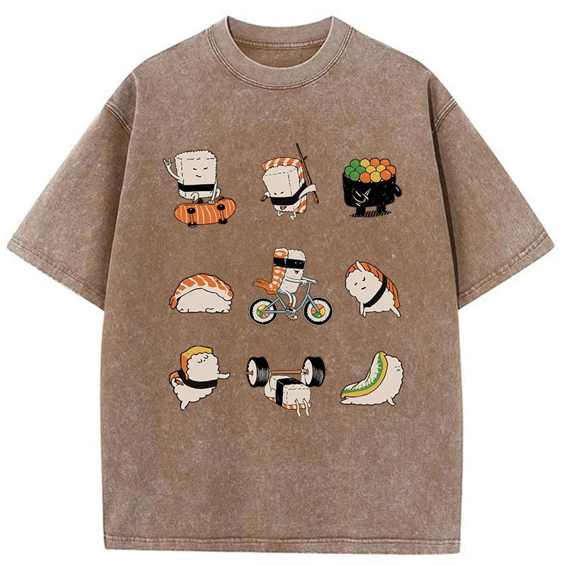 Tokyo-Assassin Cute Sports Sushi Washed T-Shirt-Tokyo Assassin