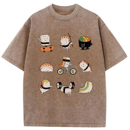 Tokyo-Assassin Cute Sports Sushi Washed T-Shirt-Tokyo Assassin
