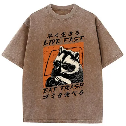 Tokyo-Assassin Raccoon Live Fast Eat Trash Washed T-Shirt-Tokyo-Assassin