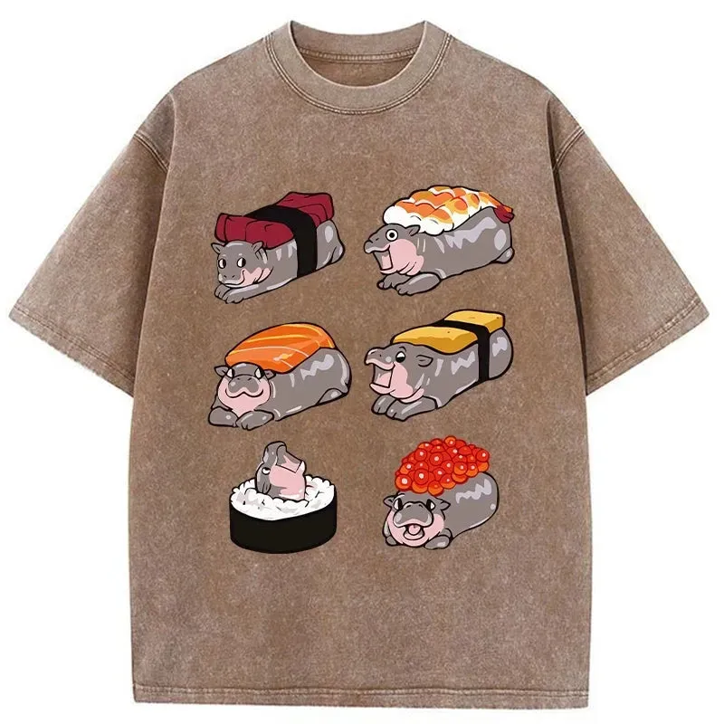 Tokyo-Assassin Cute Hippo Sushi Washed T-Shirt-Tokyo Assassin