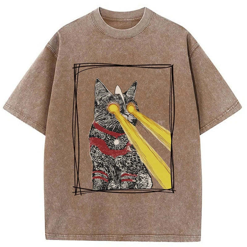 Tokyo-Assassin Laser Eye Cat Washed T-Shirt-Tokyo-Assassin