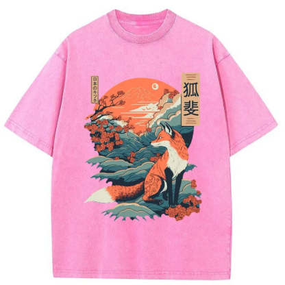 Tokyo-Assassin Japanese Kitsune Fox Sakura Washed T-Shirt-Tokyo-Assassin