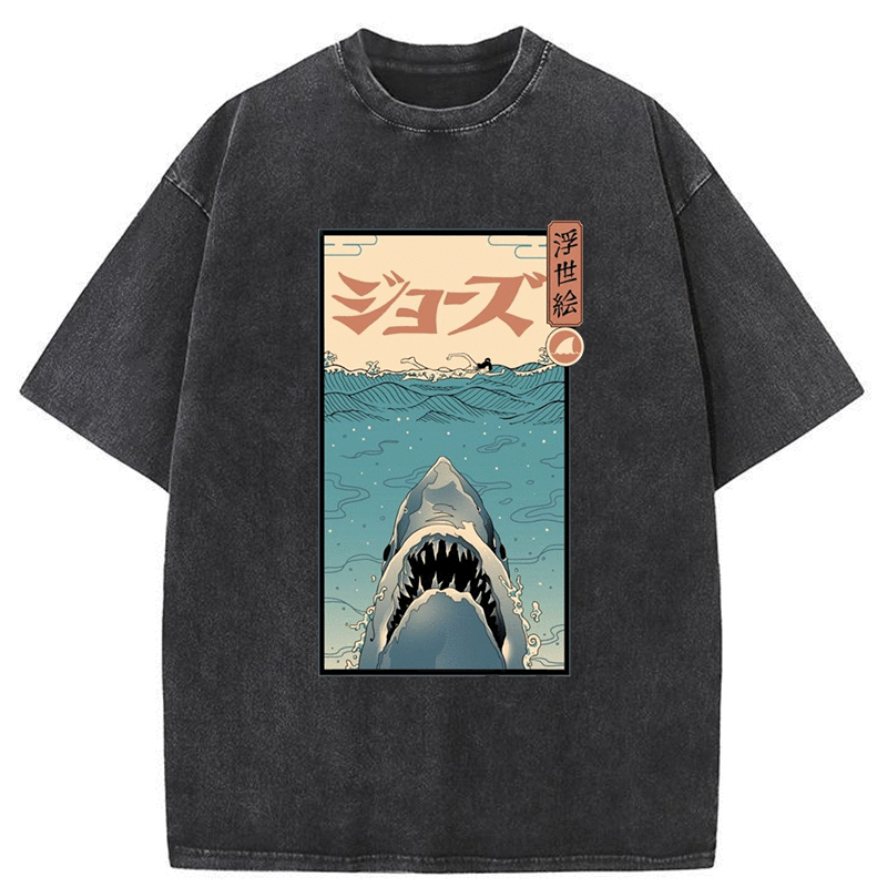 Tokyo-Assassin Great White Shark Japanese Washed T-Shirt-Tokyo-Assassin