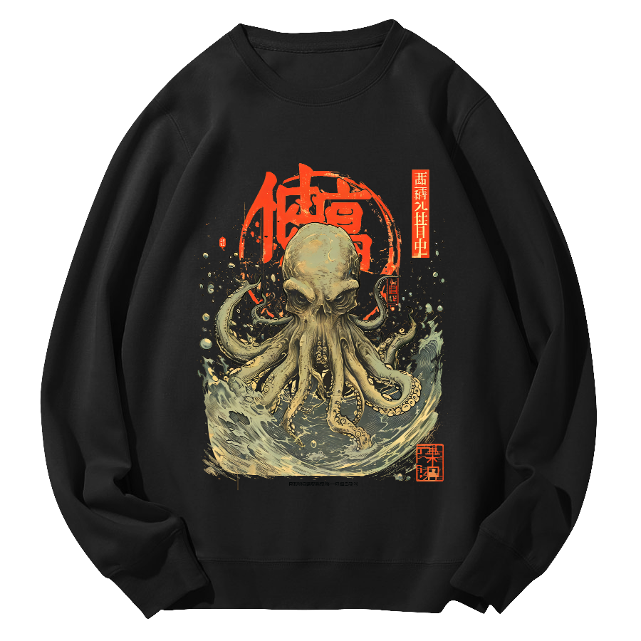 Japanese Style Octopus in The Hhuge Waves Round Neck Sweatshirt-Zazasy