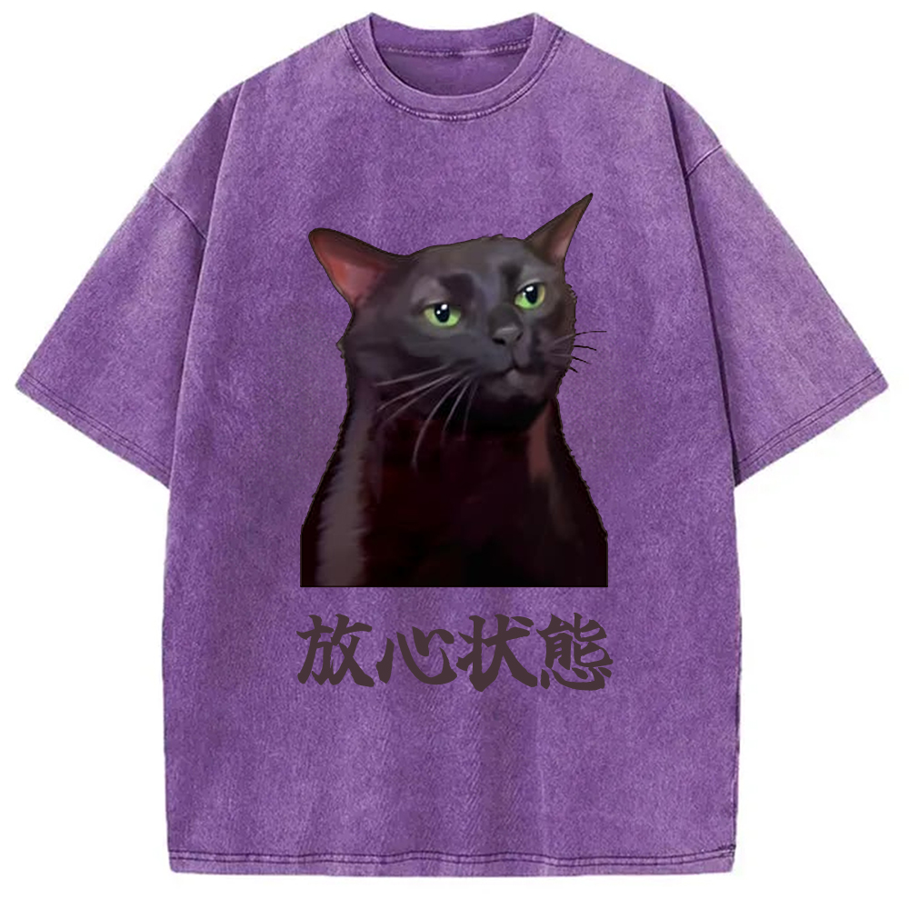 Tokyo-Assassin Black Cat Zoning Out Meme Washed T-Shirt-Tokyo-Assassin