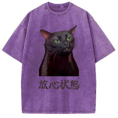 Tokyo-Assassin Black Cat Zoning Out Meme Washed T-Shirt-Tokyo-Assassin